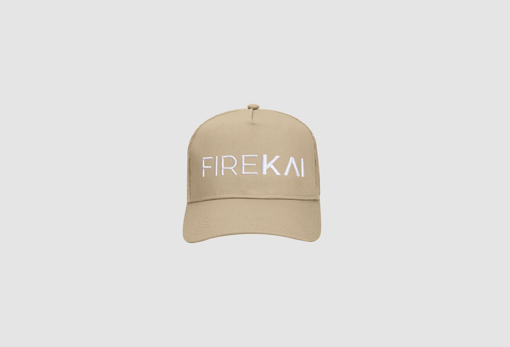 Fire Kai Khaki Mesh Hat White Text Front View